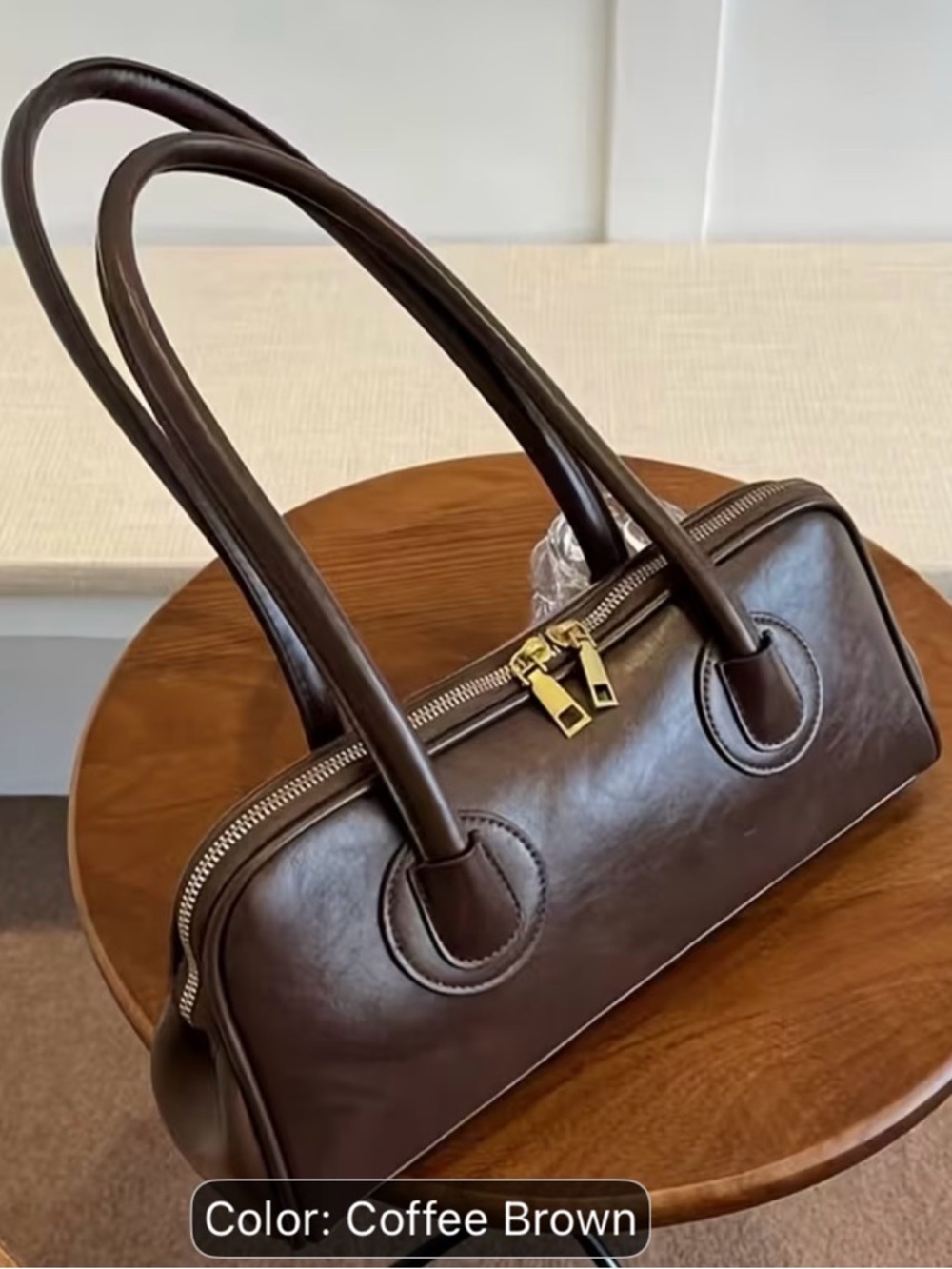 Coffee Brown Leather Shoulder Bag with Double Handles